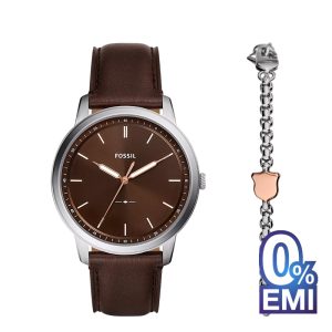 Fossil Minimalist Brown Leather Watch and Bracelet Box Set For Men
